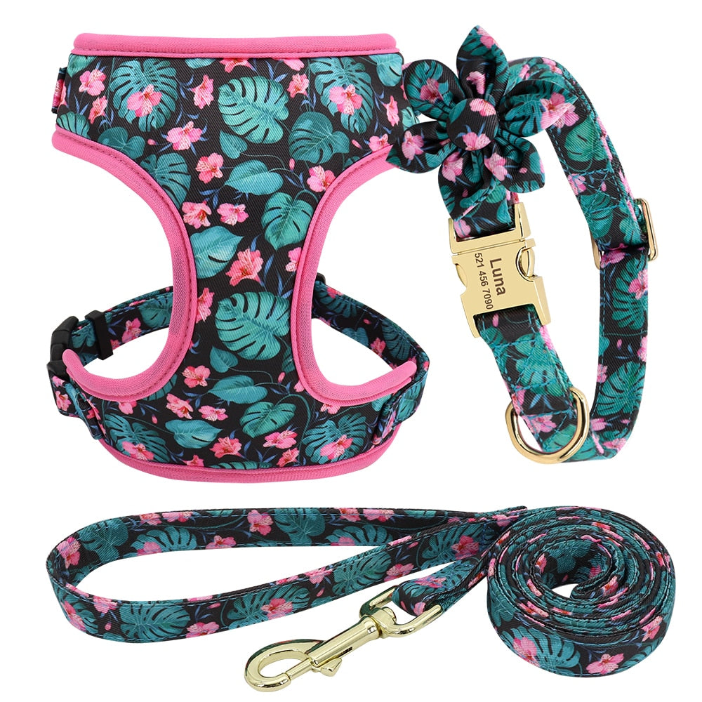 Floral Custom Collar, Harness and Leash Set