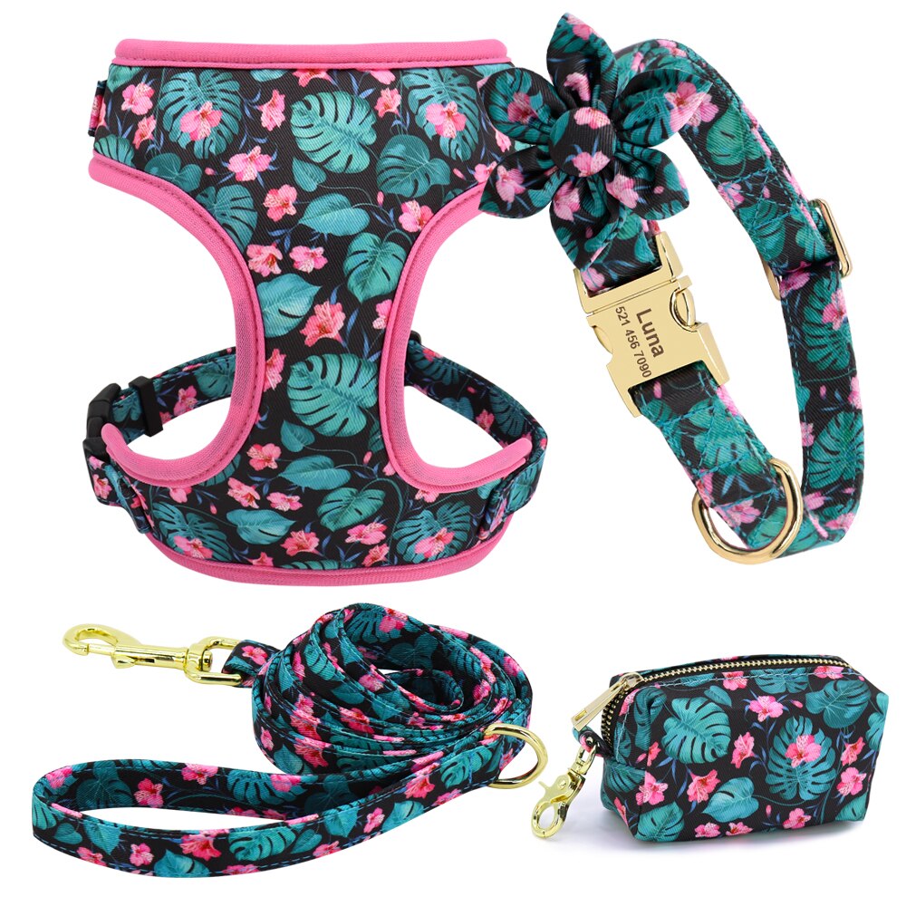 Floral Custom Collar, Harness, Leash and Waste Bag Set