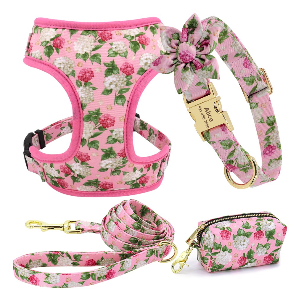 Floral Custom Collar, Harness, Leash and Waste Bag Set