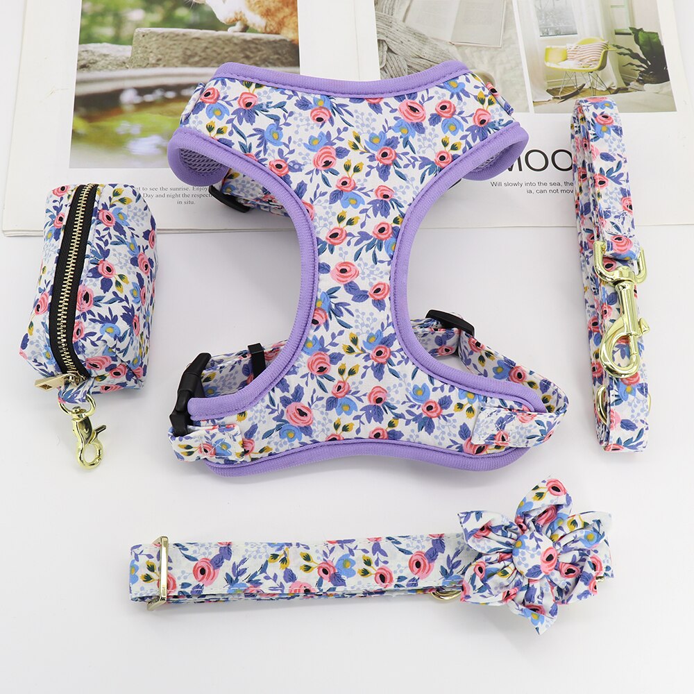 Floral Custom Collar, Harness, Leash and Waste Bag Set
