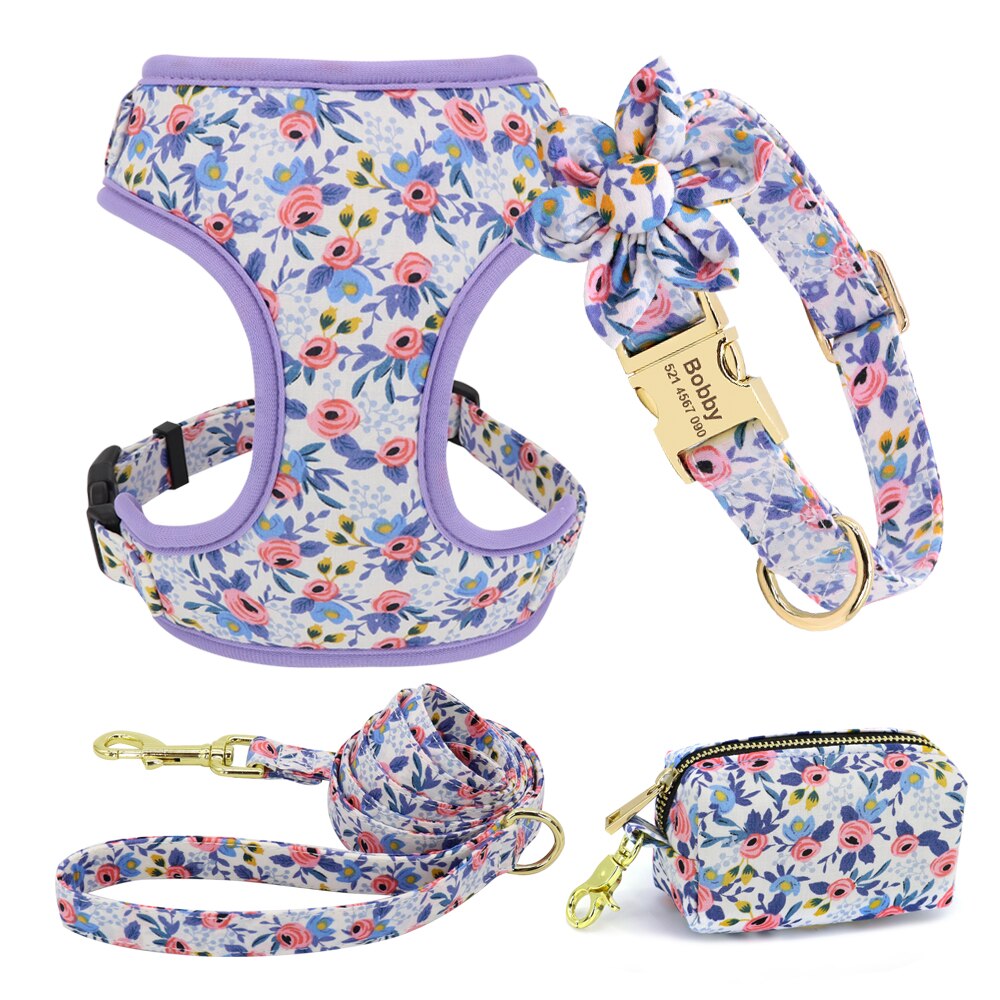 Floral Custom Collar, Harness, Leash and Waste Bag Set