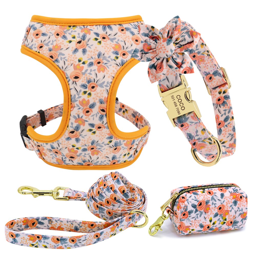 Floral Custom Collar, Harness, Leash and Waste Bag Set