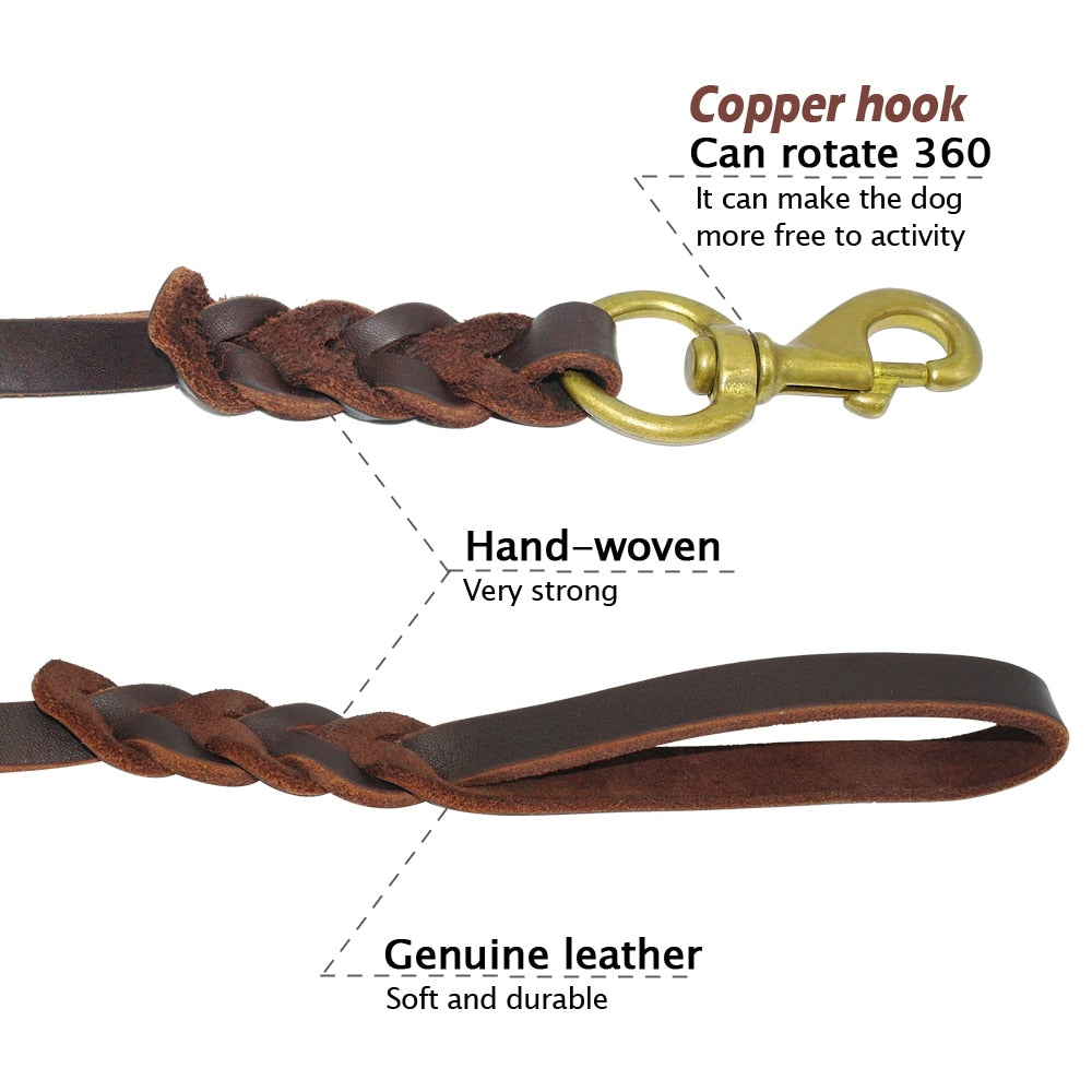 Braided Leather Dog Leash With Clicker