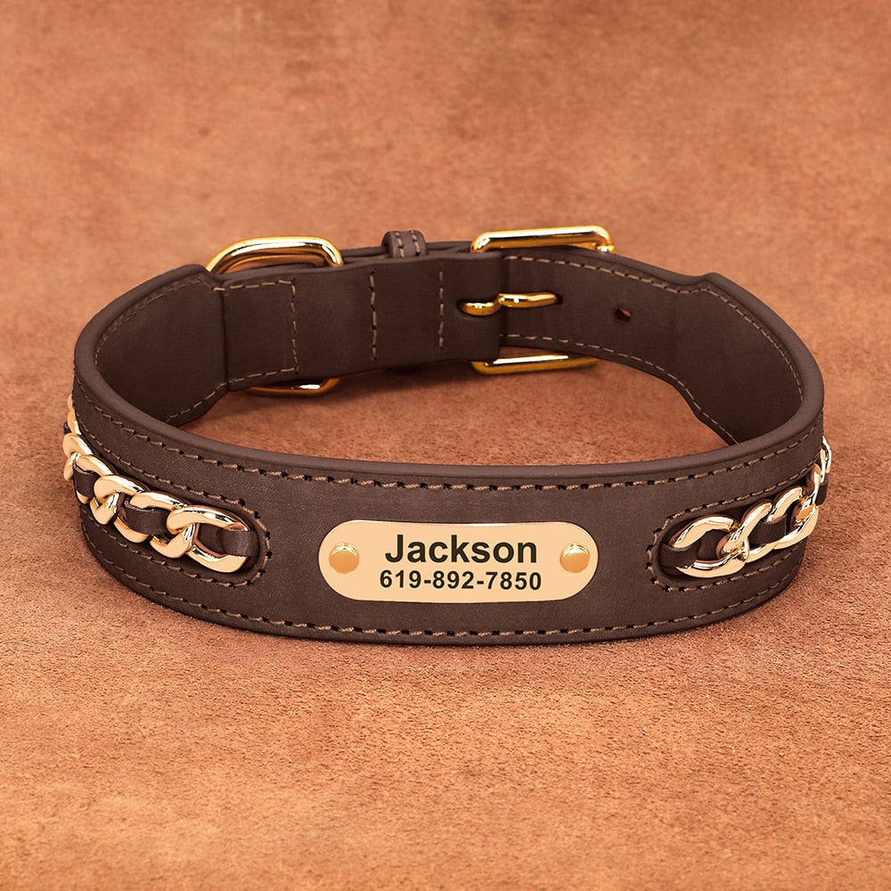 Collar De Cuero Personalizado Con Cadena Dorado