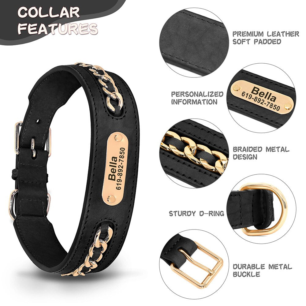 Collar De Cuero Personalizado Con Cadena Dorado