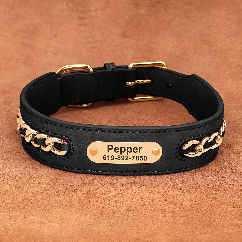 Collar De Cuero Personalizado Con Cadena Dorado