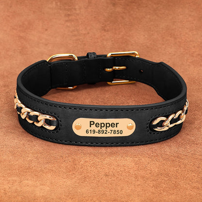 Collar De Cuero Personalizado Con Cadena Dorado