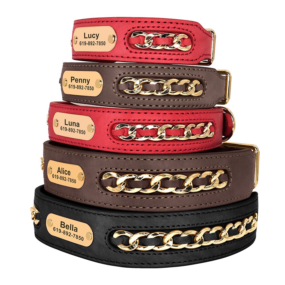 Collar De Cuero Personalizado Con Cadena Dorado