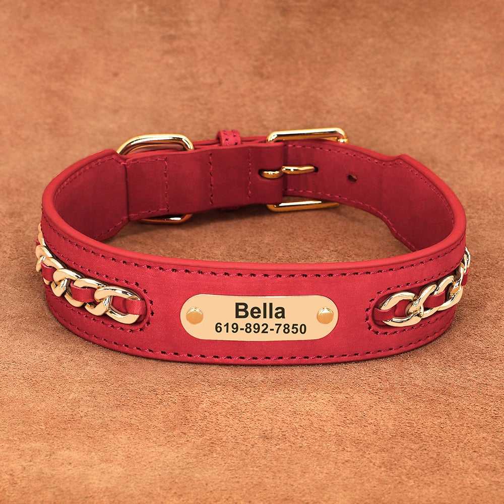 Collar De Cuero Personalizado Con Cadena Dorado