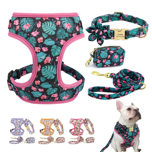 Floral Custom Collar, Harness, Leash and Waste Bag Set